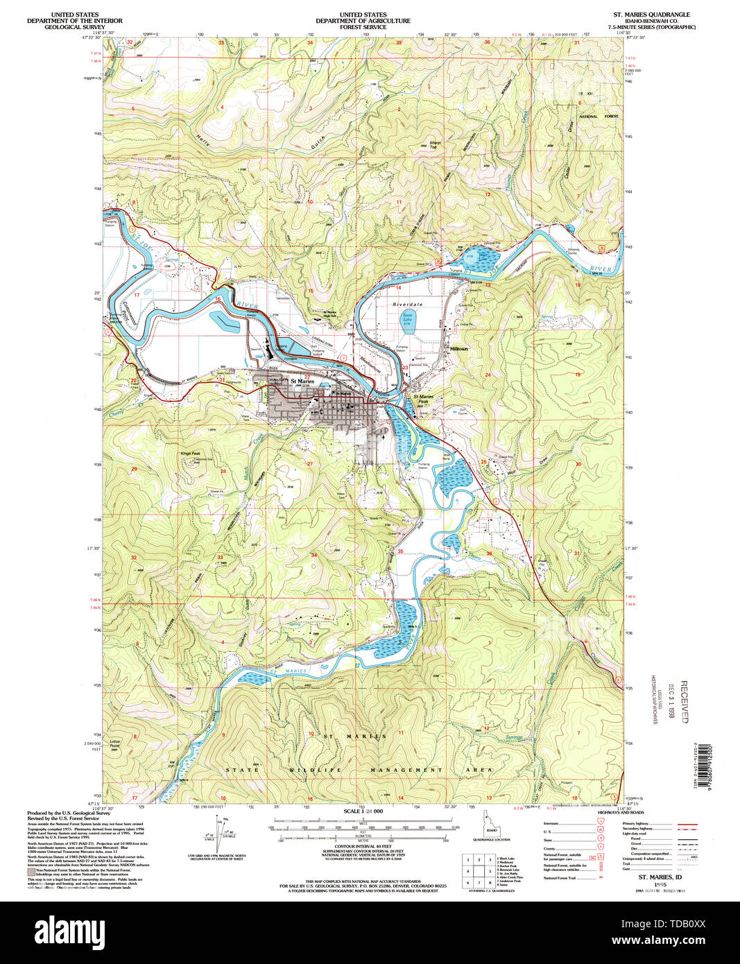 USGS TOPO Map Idaho ID St Maries 238296 1995 24000 Restoration Stock