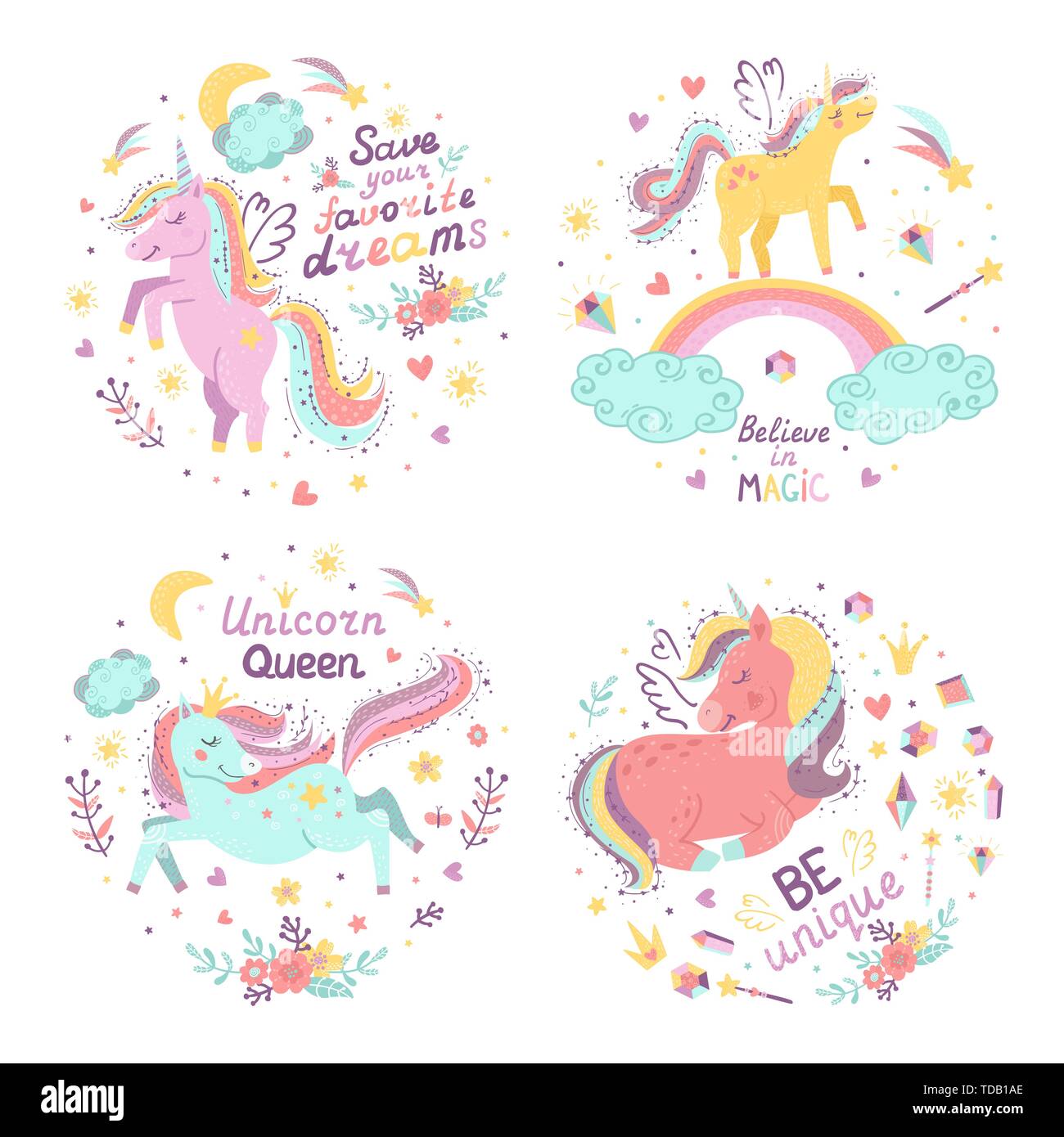 Set of fantasy postets with cute unicorns. Vector illustration for your ...