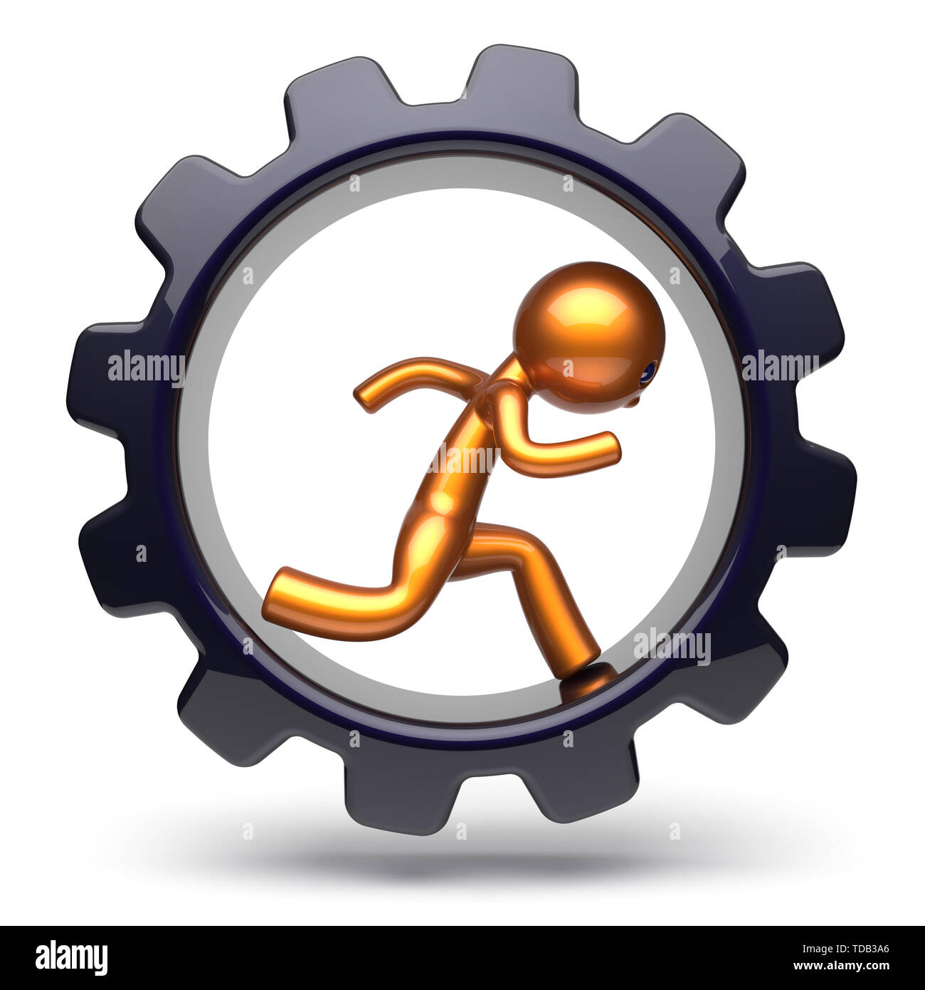 Gear wheel man character running inside gearwheel business hard work stylized golden human cartoon guy person worker black cogwheel businessman career Stock Photo