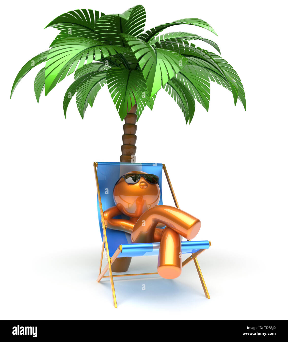 Chilling man character palm tree relaxing beach deck chair sunglasses  summer comfort stylized golden cartoon person sun lounger chaise lounge  tourist Stock Photo - Alamy