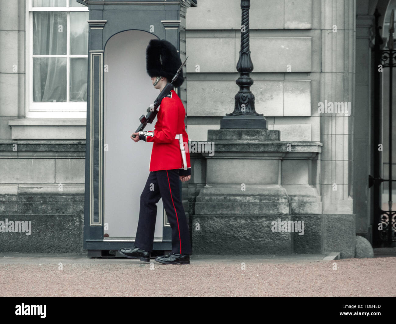 English guard patrolling at Buckingham Palace Stock Photo Alamy