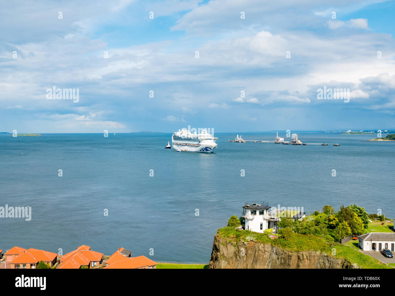 Princess Cruises ship, Crown Princess, moored in Firth of Forth, seen from Forth Rail Bridge, Scotland, UK Stock Photo