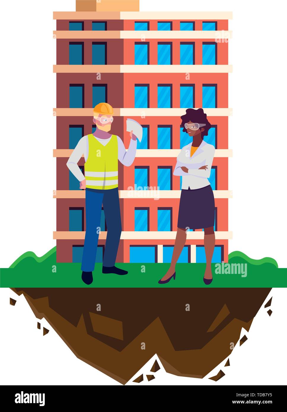 male builder constructor with afro woman engineer and building vector ...