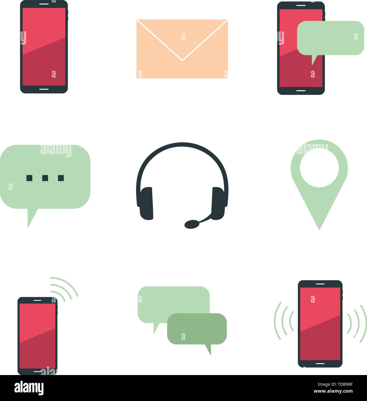Illustrated icon set of contact symbols for texting, calling, chatting, and writing. Includes a location pin, envelope, and several options for phones Stock Vector