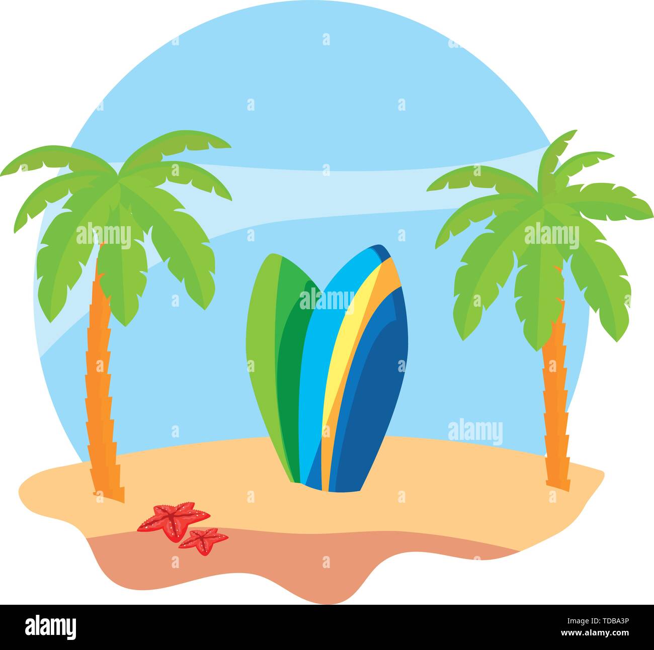 summer beach with palms and surfboards scene vector illustration design ...