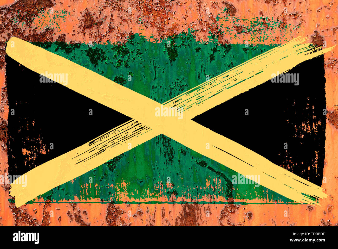 background from old Jamaican flag in grunge style Stock Photo