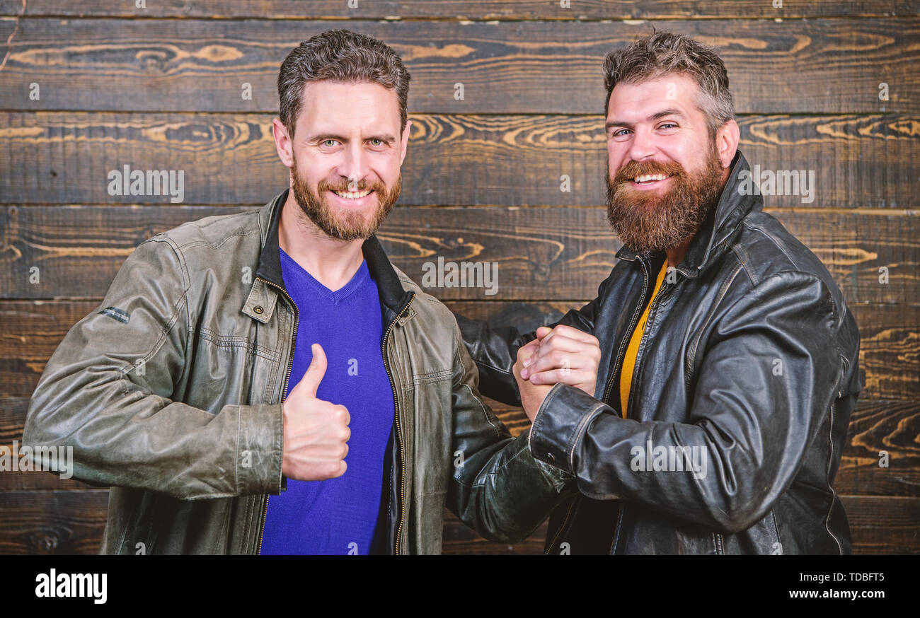 Have Agreed Brutal Bearded Men Wear Leather Jackets Shaking Hands 