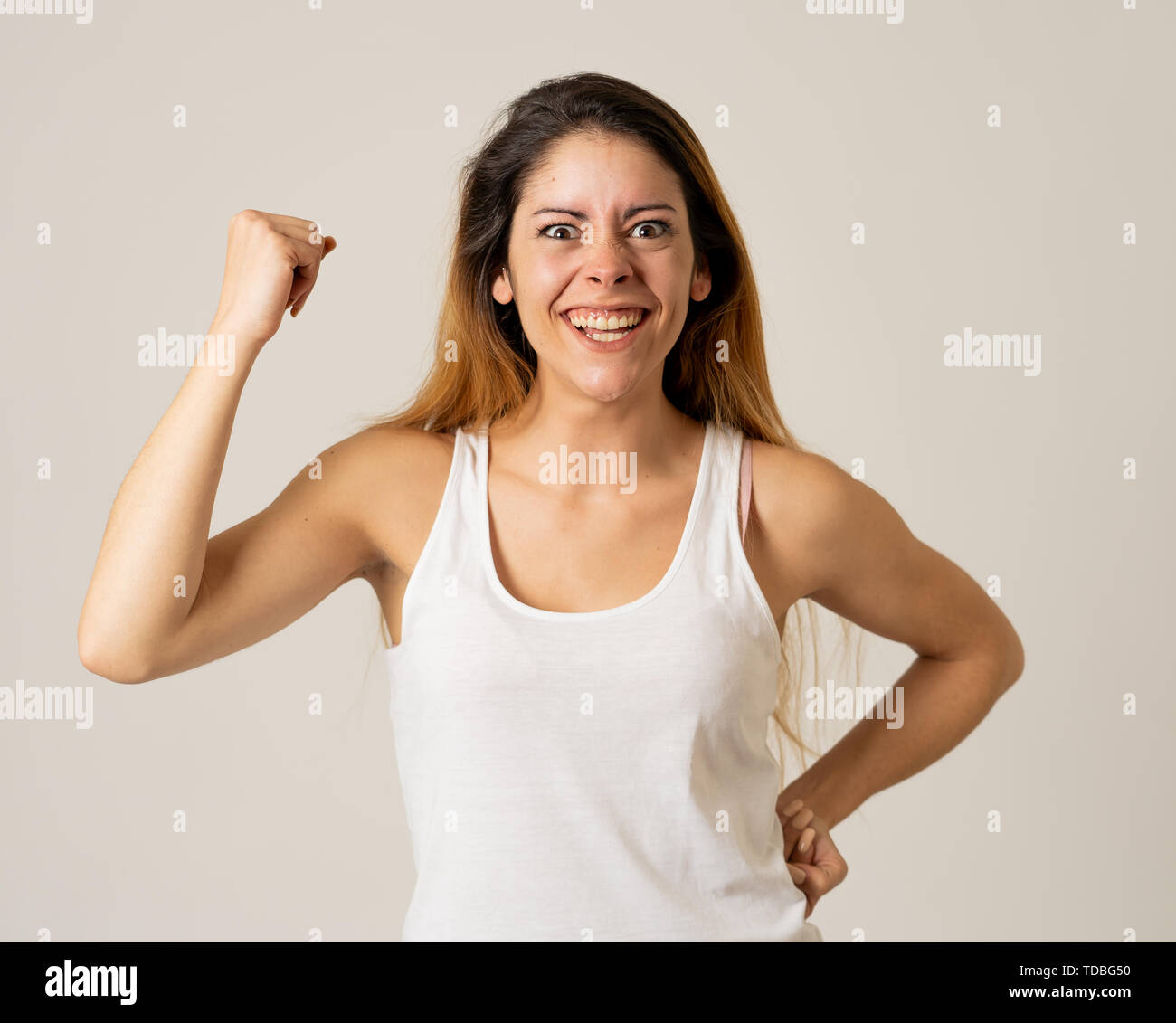 Portrait of beautiful shocked teenager girl winning or having great success with surprised and happy face feeling so excited. Human Expression Positiv Stock Photo