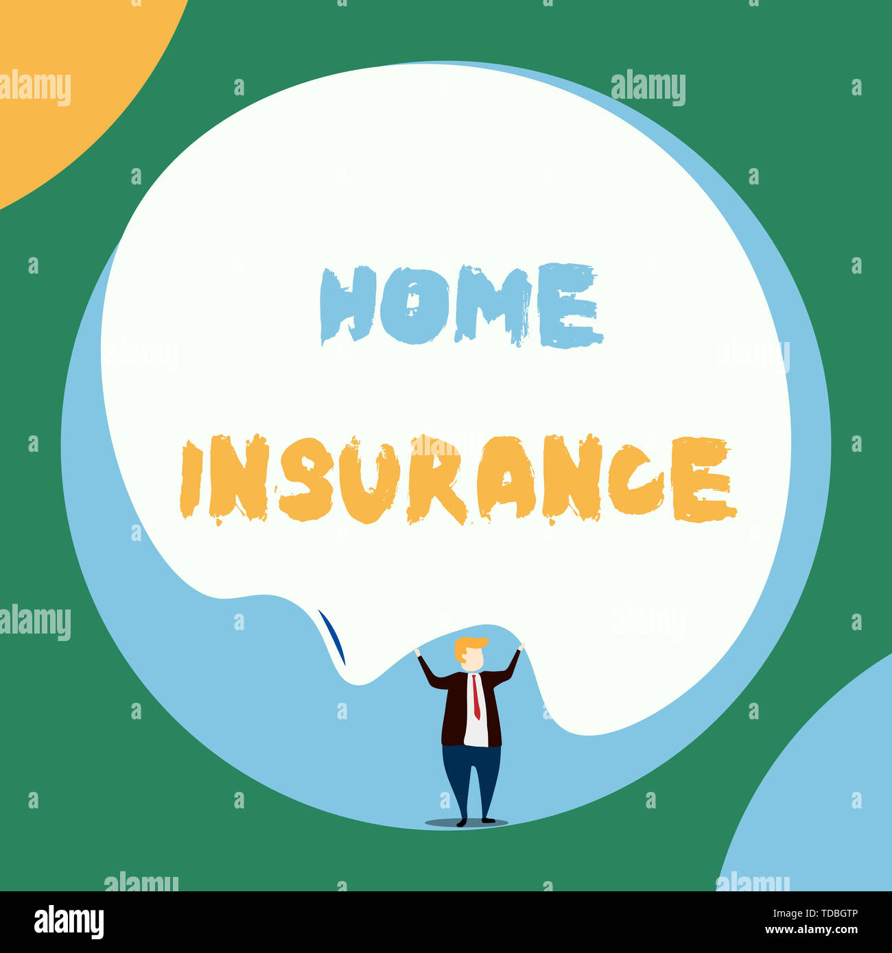 Conceptual hand writing showing Home Insurance. Concept meaning Covers looses and damages and on accidents in the house Front view Man dressed suit ti Stock Photo