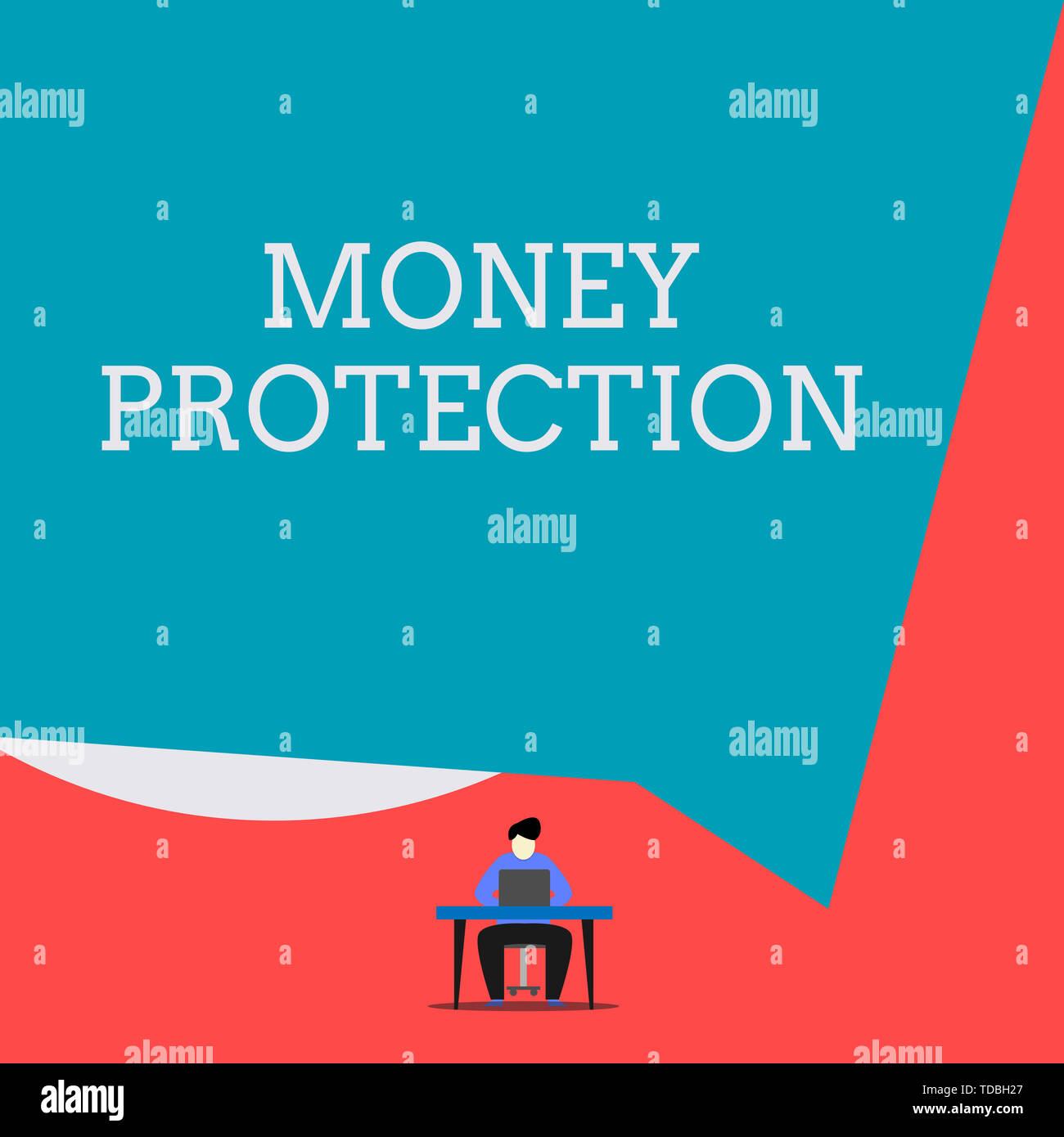 Writing note showing Money Protection. Business concept for protects the rental money tenant pays to landlord Man sitting chair desk working laptop ge Stock Photo