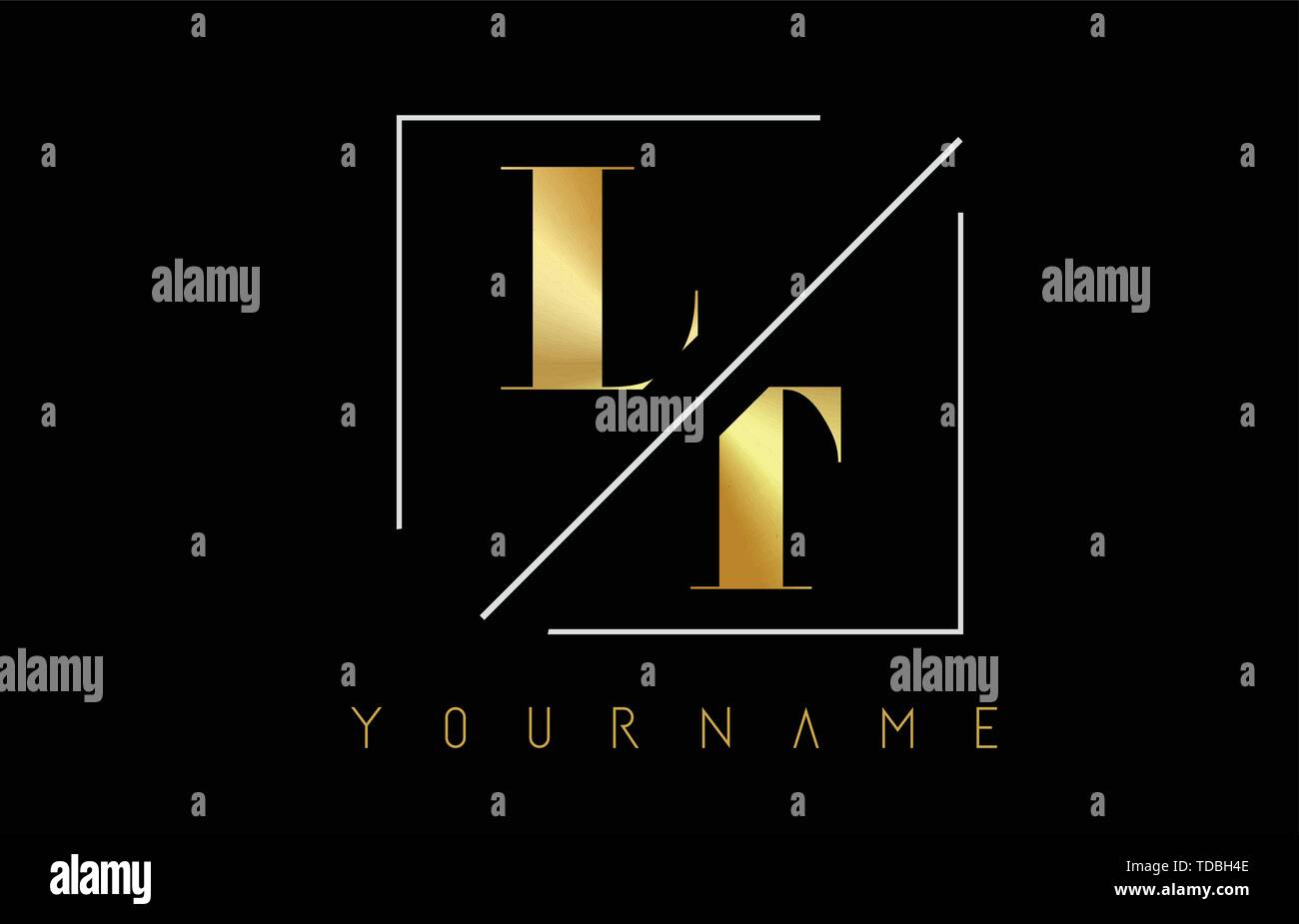 LT Golden Letter Logo with Cutted and Intersected Design and Square ...