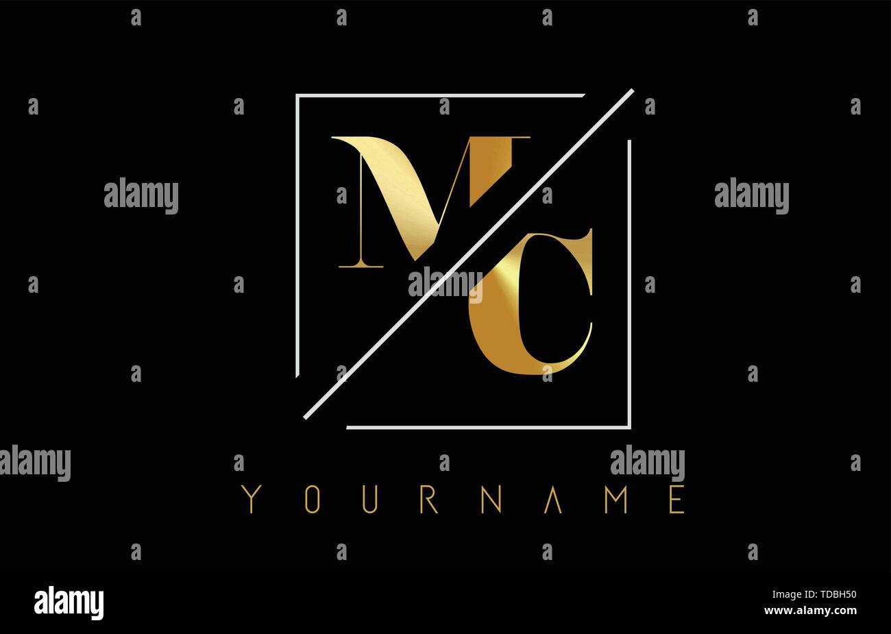 MC Golden Letter Logo with Cutted and Intersected Design and Square ...