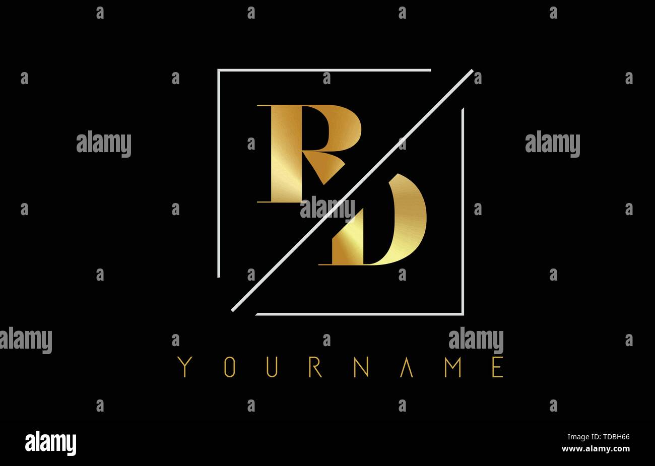 RD Golden Letter Logo with Cutted and Intersected Design and Square ...