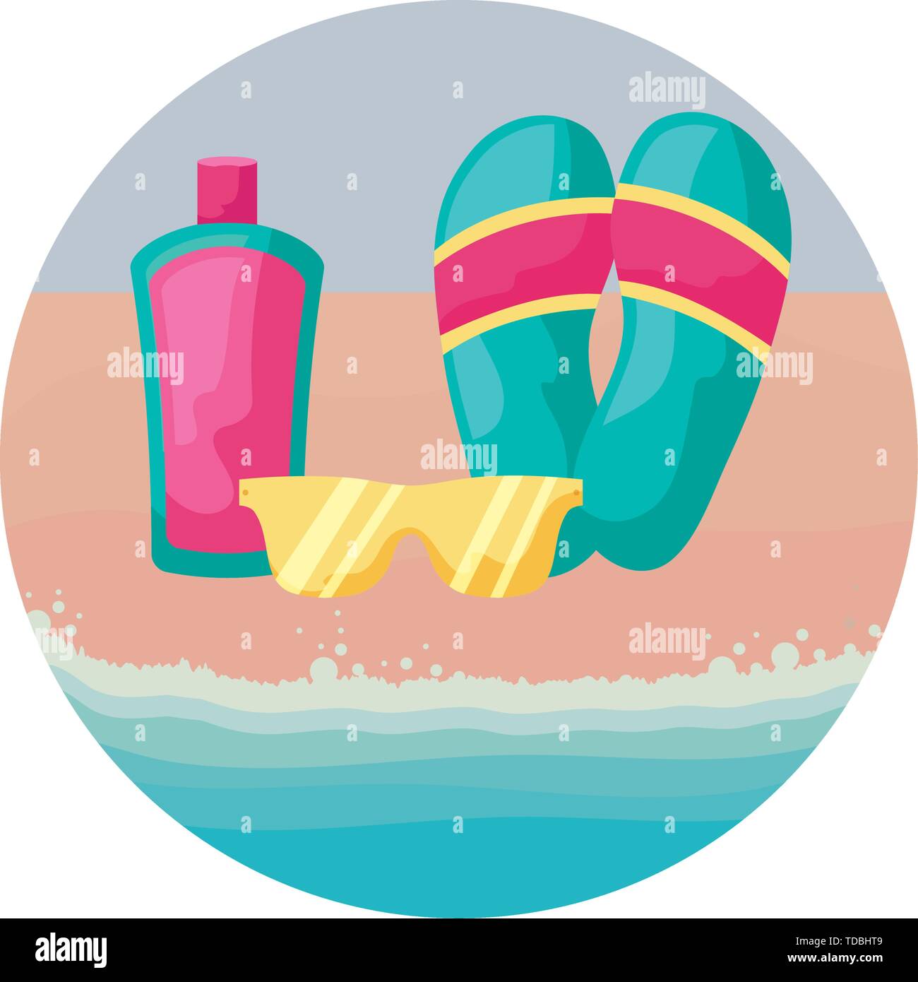 flip flops with sunglasses and bottle of blocker in beach vector ...