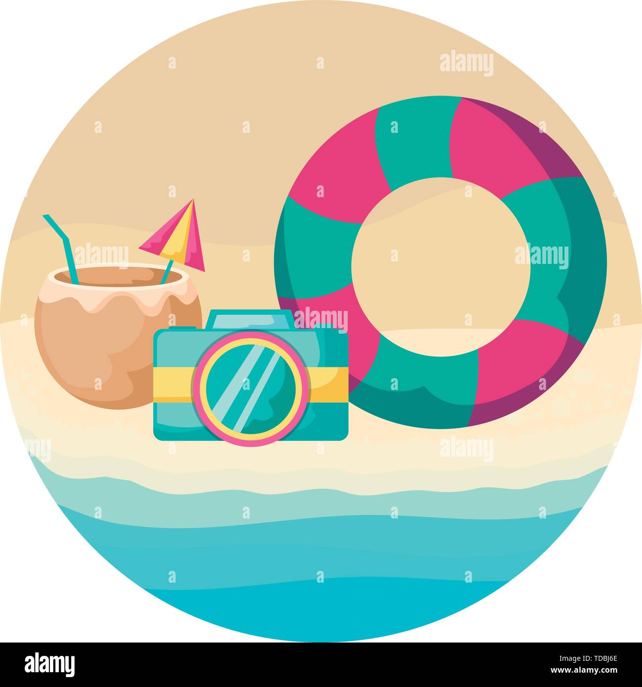 cocktail of coconut with camera and float in beach vector illustration ...
