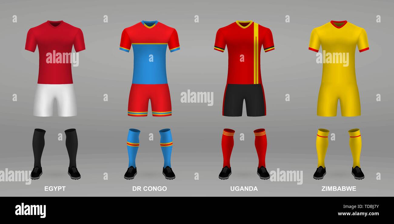 Set of realistic football kits Egypt, DR Congo, Uganda, Zimbabwe, shirt  template for soccer jersey. Vector illustration Stock Vector Image & Art -  Alamy