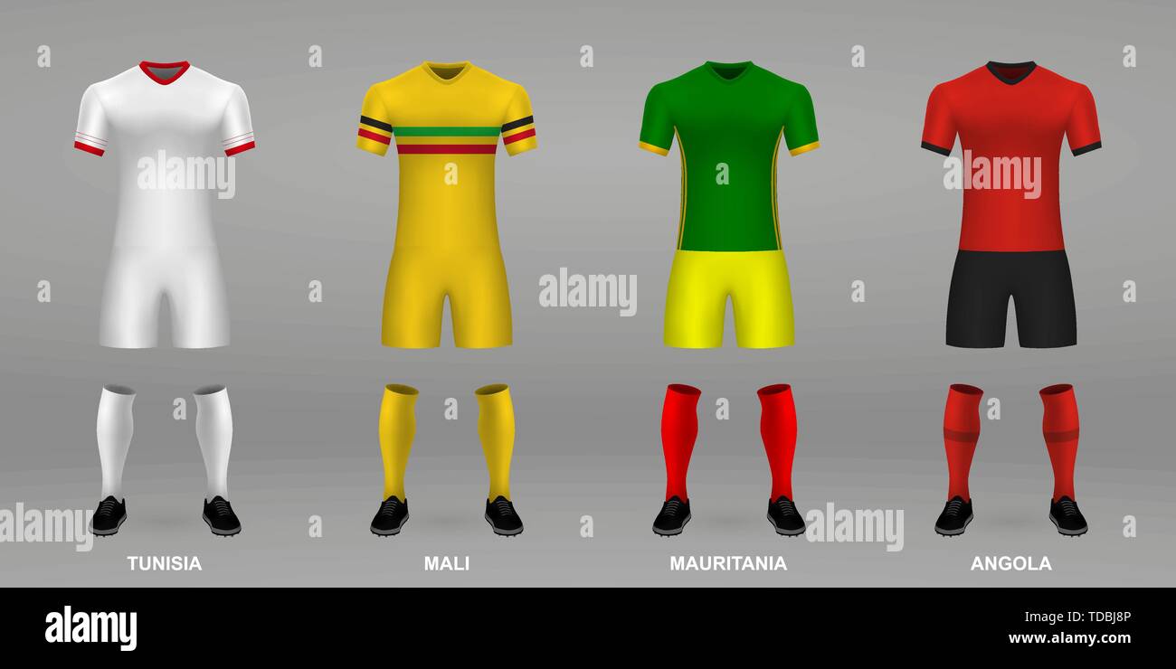 Set of realistic football kits Tunisia, Mali, Mauritania, Angola, shirt  template for soccer jersey. Vector illustration Stock Vector Image & Art -  Alamy