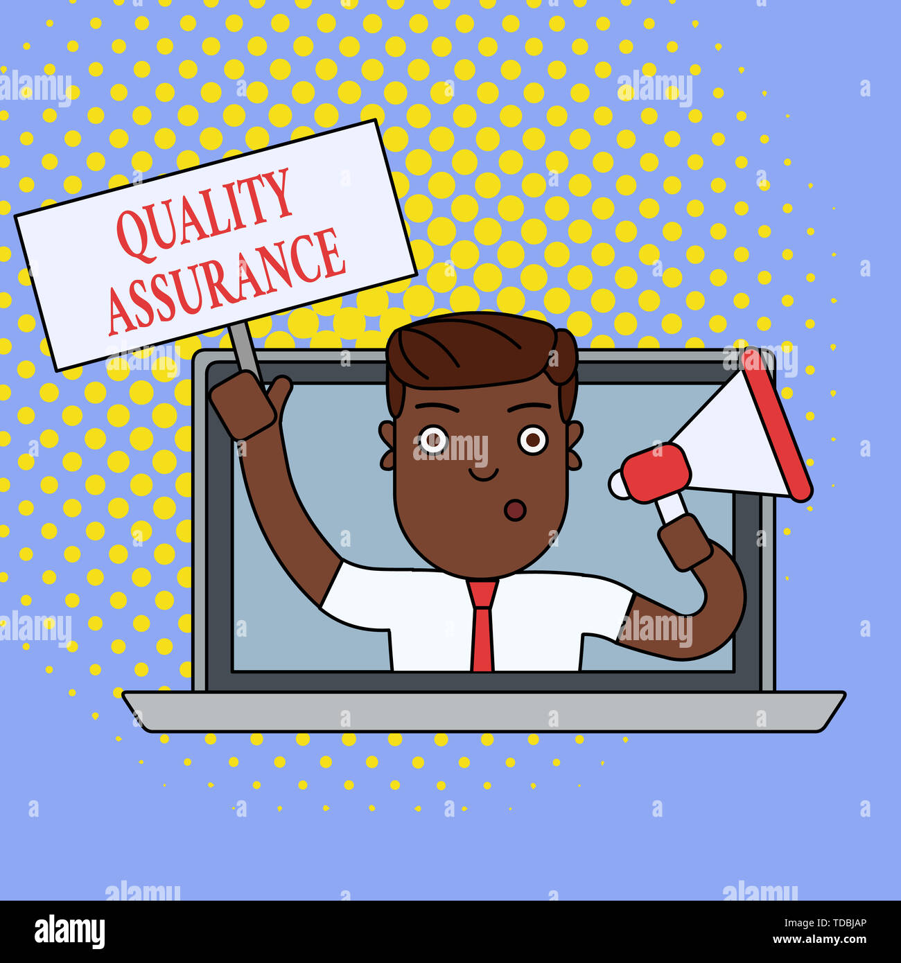 Text sign showing Quality Assurance. Business photo showcasing Ensures a  certain level of quality Established requirement Man Speaking Through  Laptop Stock Photo - Alamy