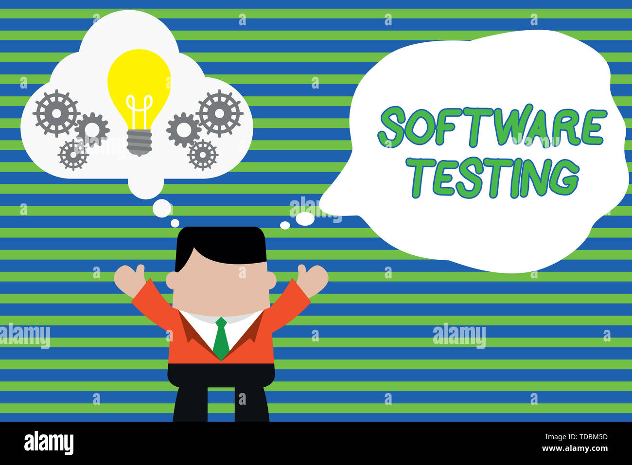 Handwriting text Software Testing. Conceptual photo investigation provide information about the quality of it Standing man suit hands up imaginary bub Stock Photo
