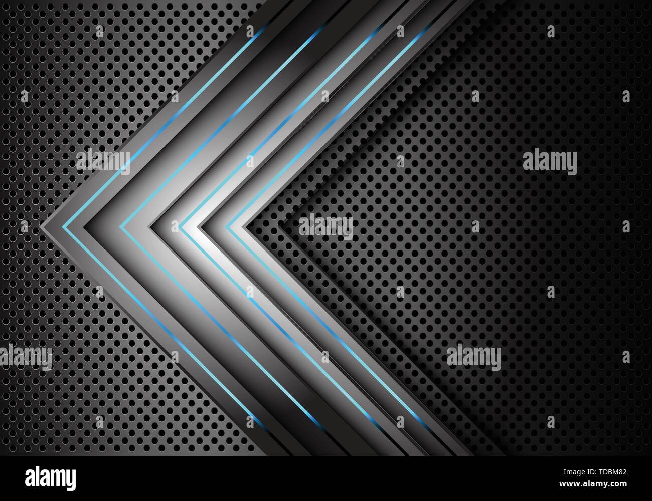 Abstract blue light power grey arrow direction on metal circle mesh ...