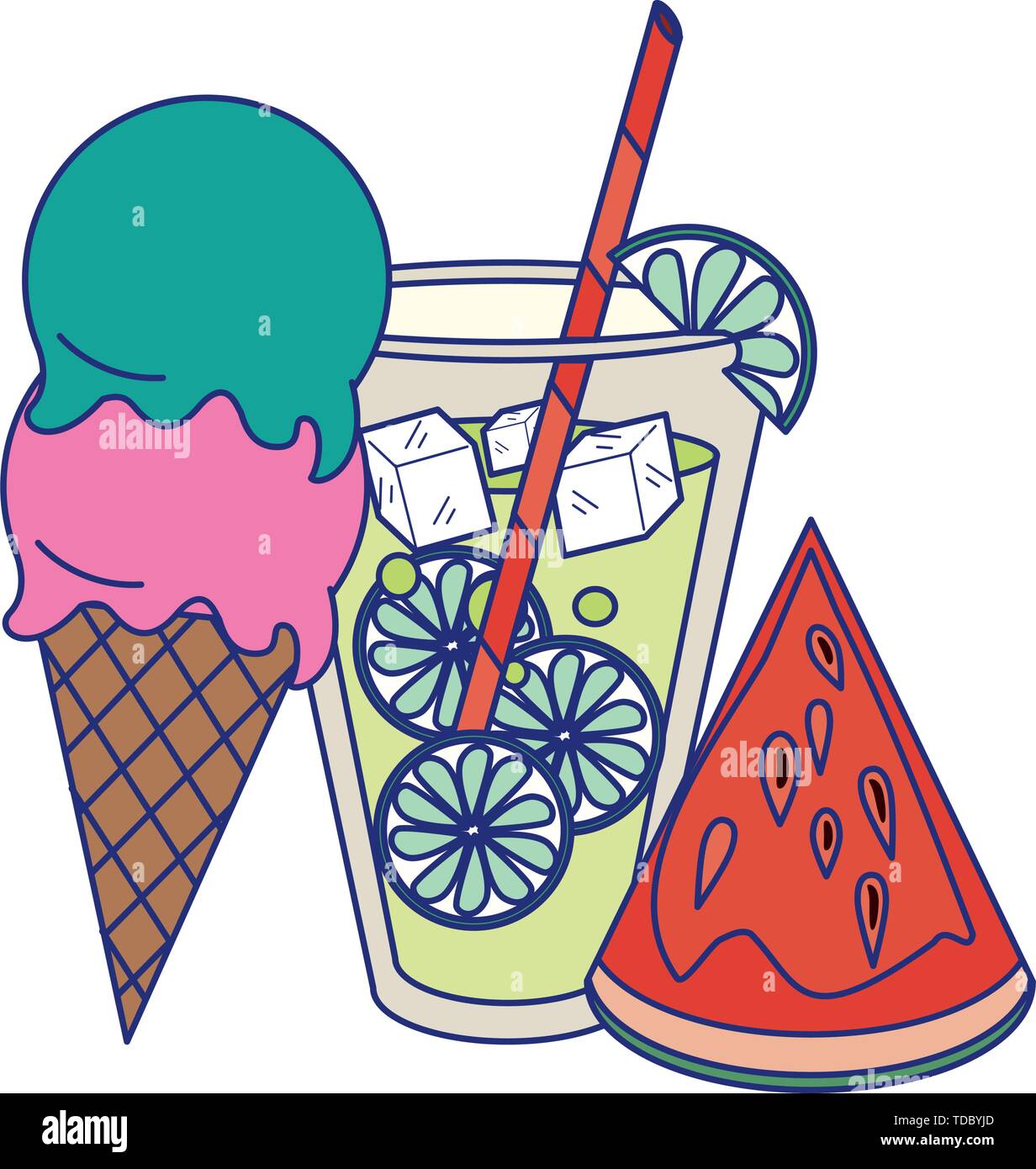 Summer ice cream juice and watermelon fruit cartoon Stock Vector Image