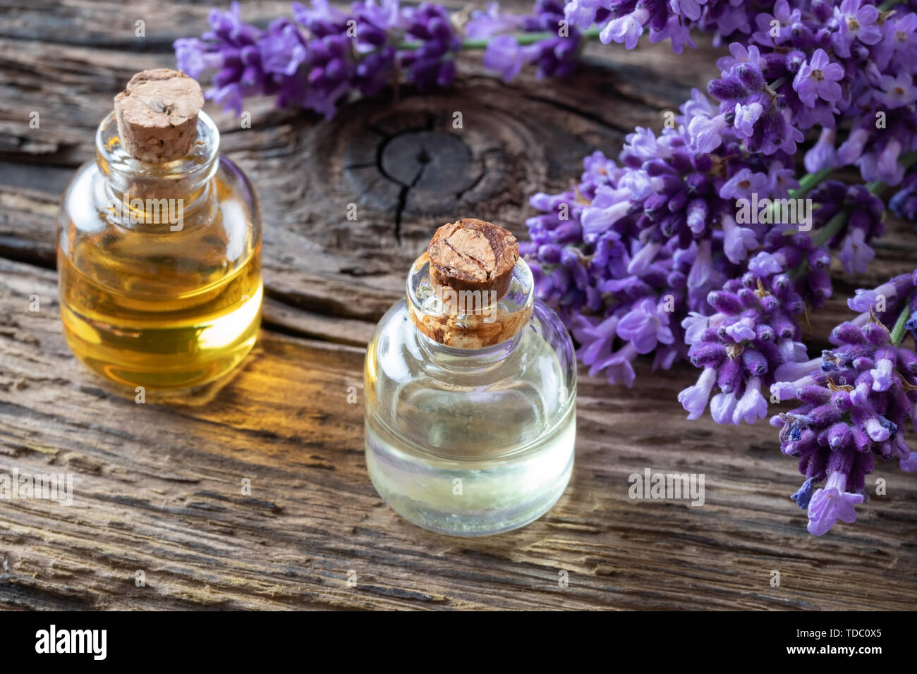 Bottles of essential oil with fresh blooming lavender twigs Stock Photo ...