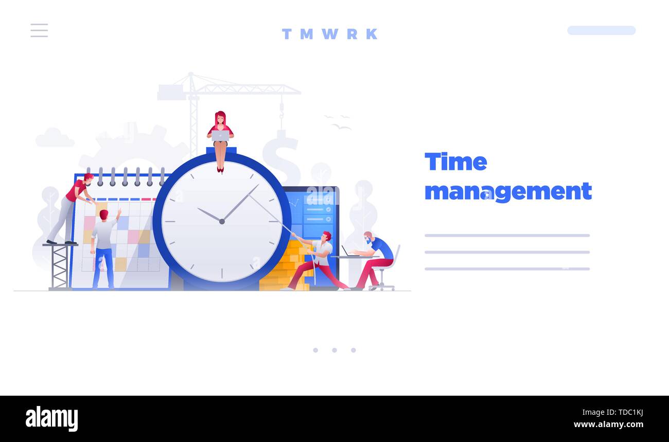 Web site page design template. Vector illustration people are working on financial issues together on clock and calendar. Business time management and Stock Vector