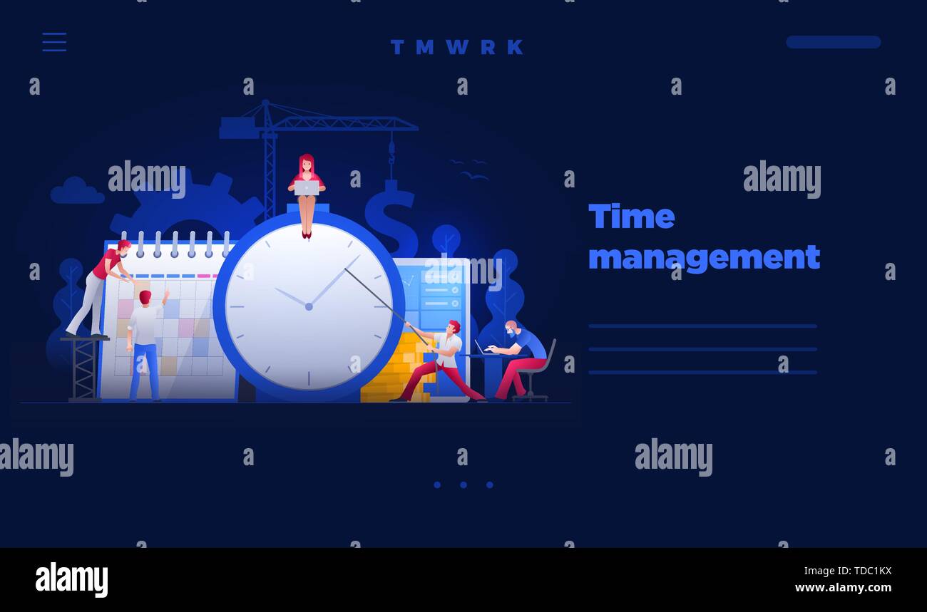 Web site page design template. Vector illustration people are working on financial issues together on clock and calendar. Business time management and Stock Vector