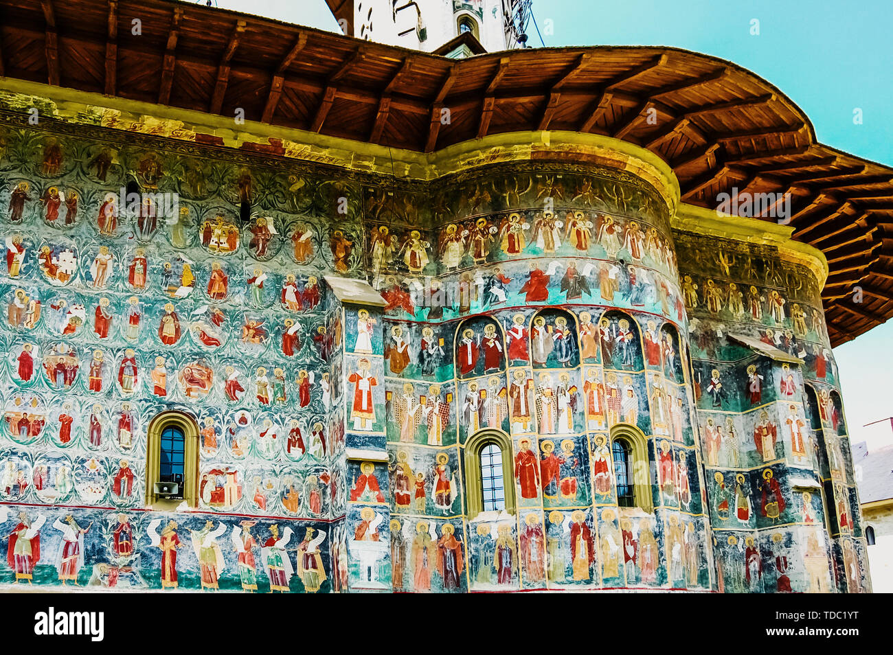 Bucovina, Romania - June 5, 2019: Paintings in frescoes of religious, colorful motifs, in Orthodox Christian monasteries of Bucovina. Stock Photo