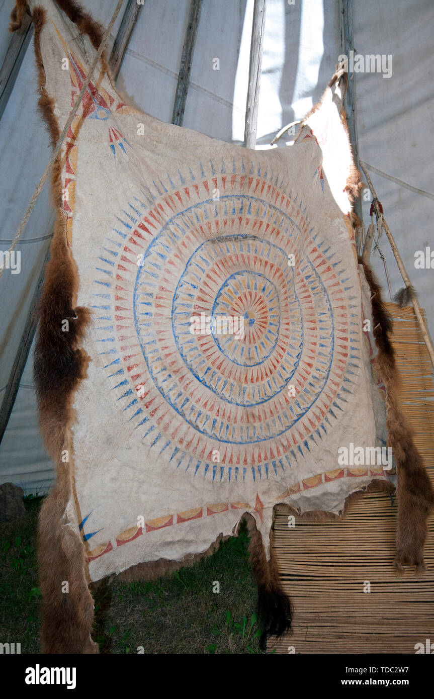 Painted bison fur inside a tepee at 'Tatanka-Story of the bison' museum (founded by Kevin Costner), Deadwood, County Lawrence, South Dakota, USA Stock Photo