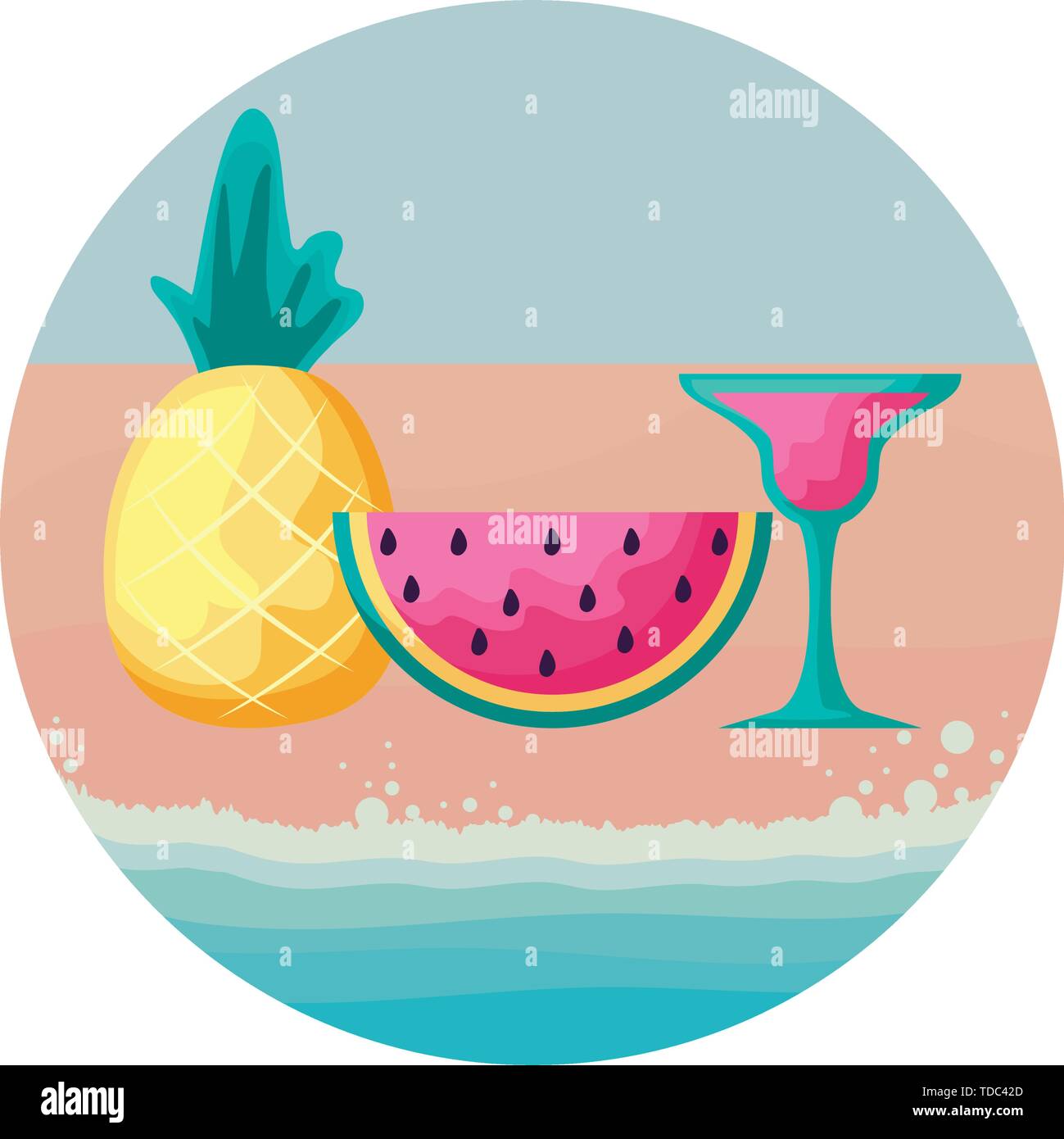 pineapple with watermelon and cocktail cup in beach vector illustration ...