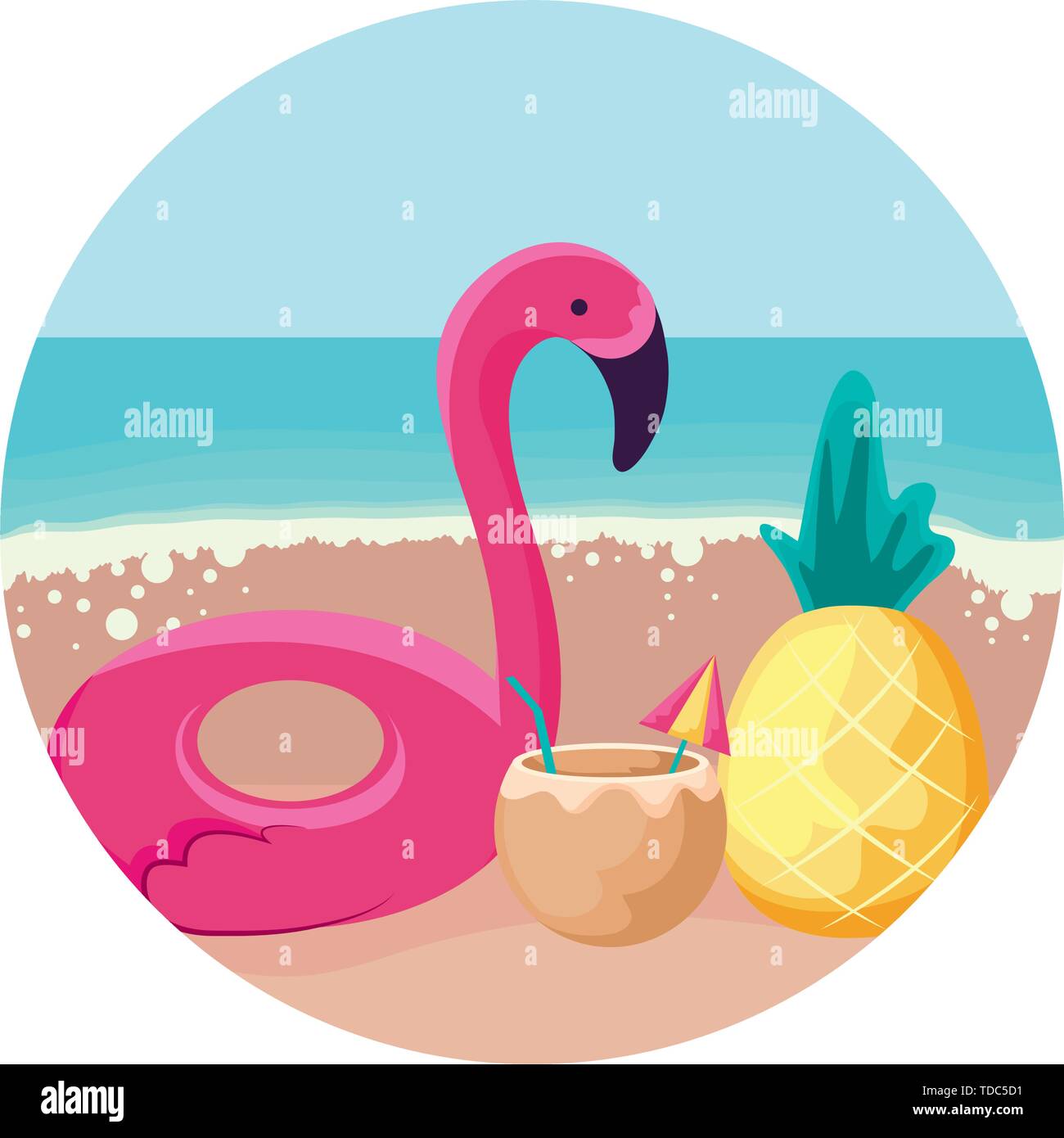 pineapple with coconut cocktail and flemish float in beach vector ...