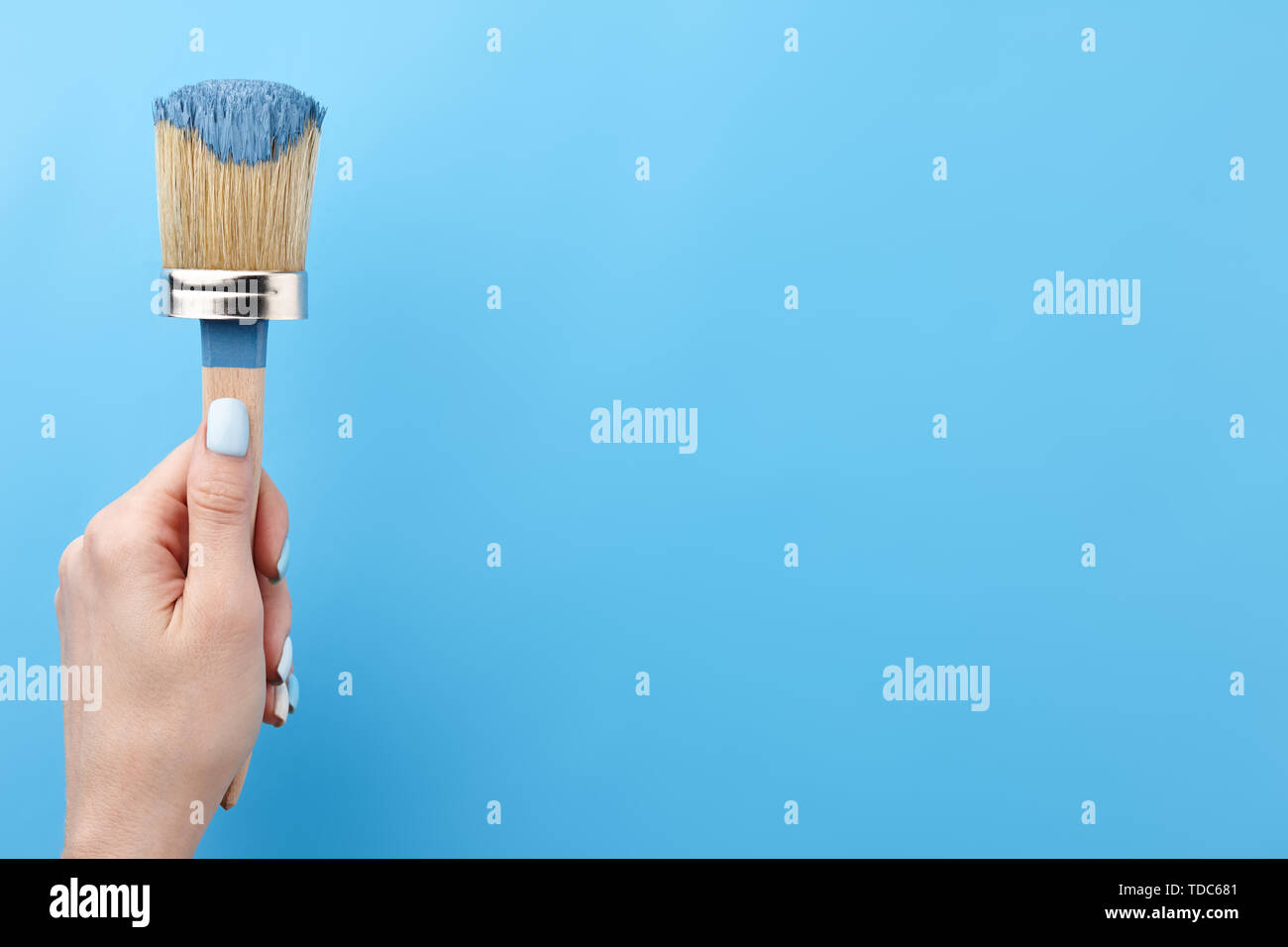 Female hand holding brush tool in paint on blue background, copy space ...