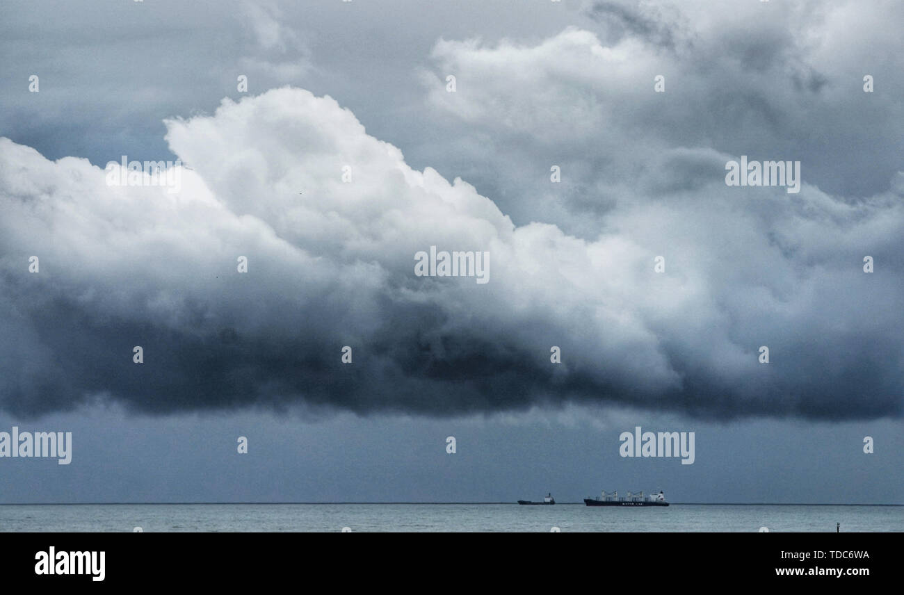 Dark storm clouds gather out at sea off the north east coast today as the rain continues to fall over much of the country. Stock Photo