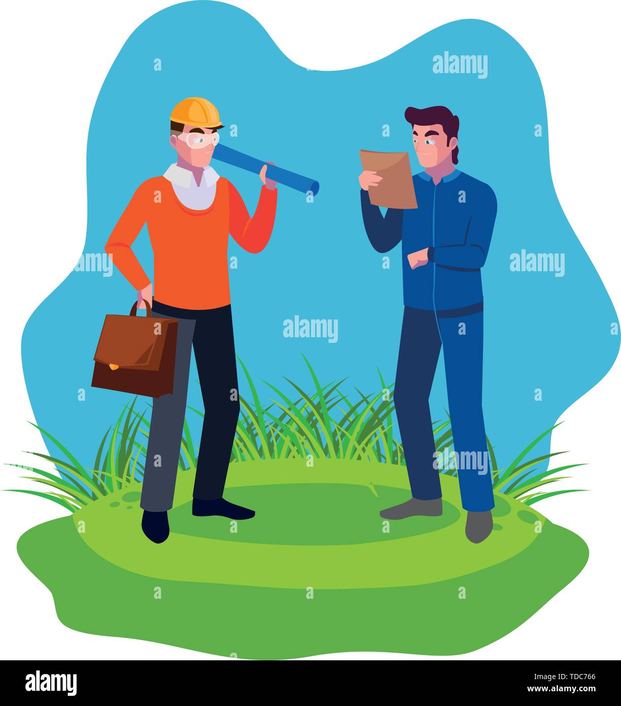 architect builder with constructor workers on the lawn vector ...