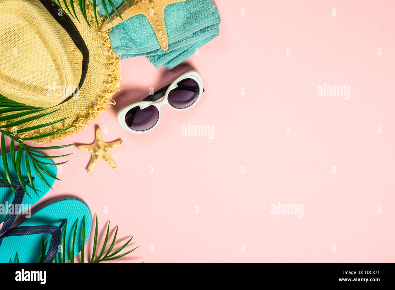 Summer flat lay background. on pink Stock Photo - Alamy