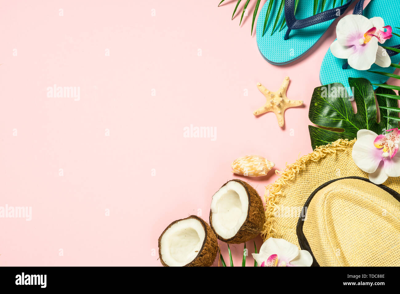 Summer flat lay background. on pink Stock Photo - Alamy