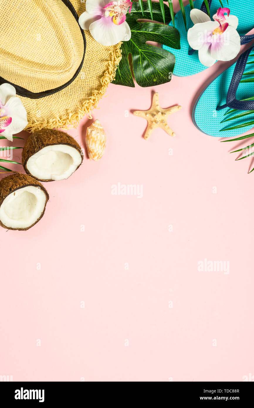 Summer flat lay background. on pink Stock Photo - Alamy