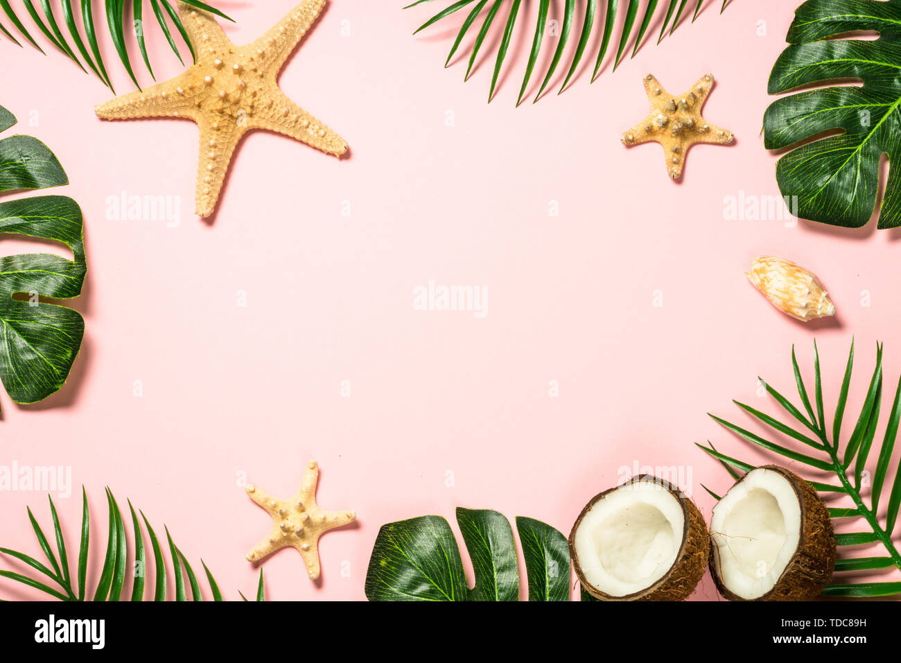 Summer flat lay background. on pink Stock Photo - Alamy
