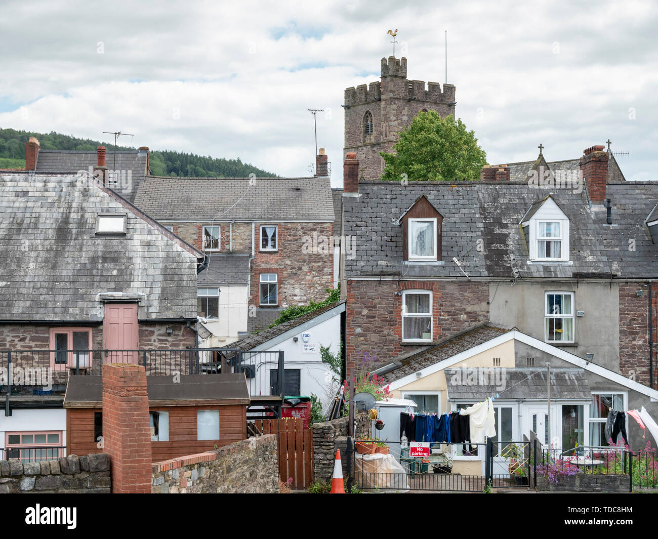 A view of houses and buldings in the market town of Abergavenny Wales