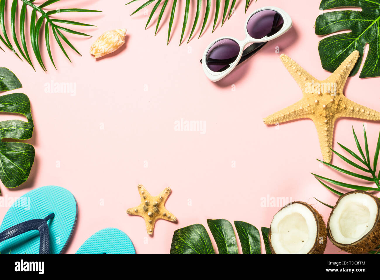 Summer flat lay background on pink Stock Photo - Alamy