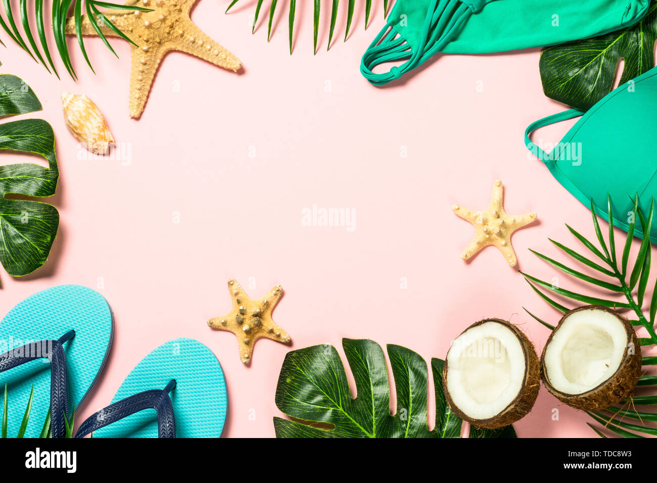 Summer flat lay background. on pink Stock Photo - Alamy