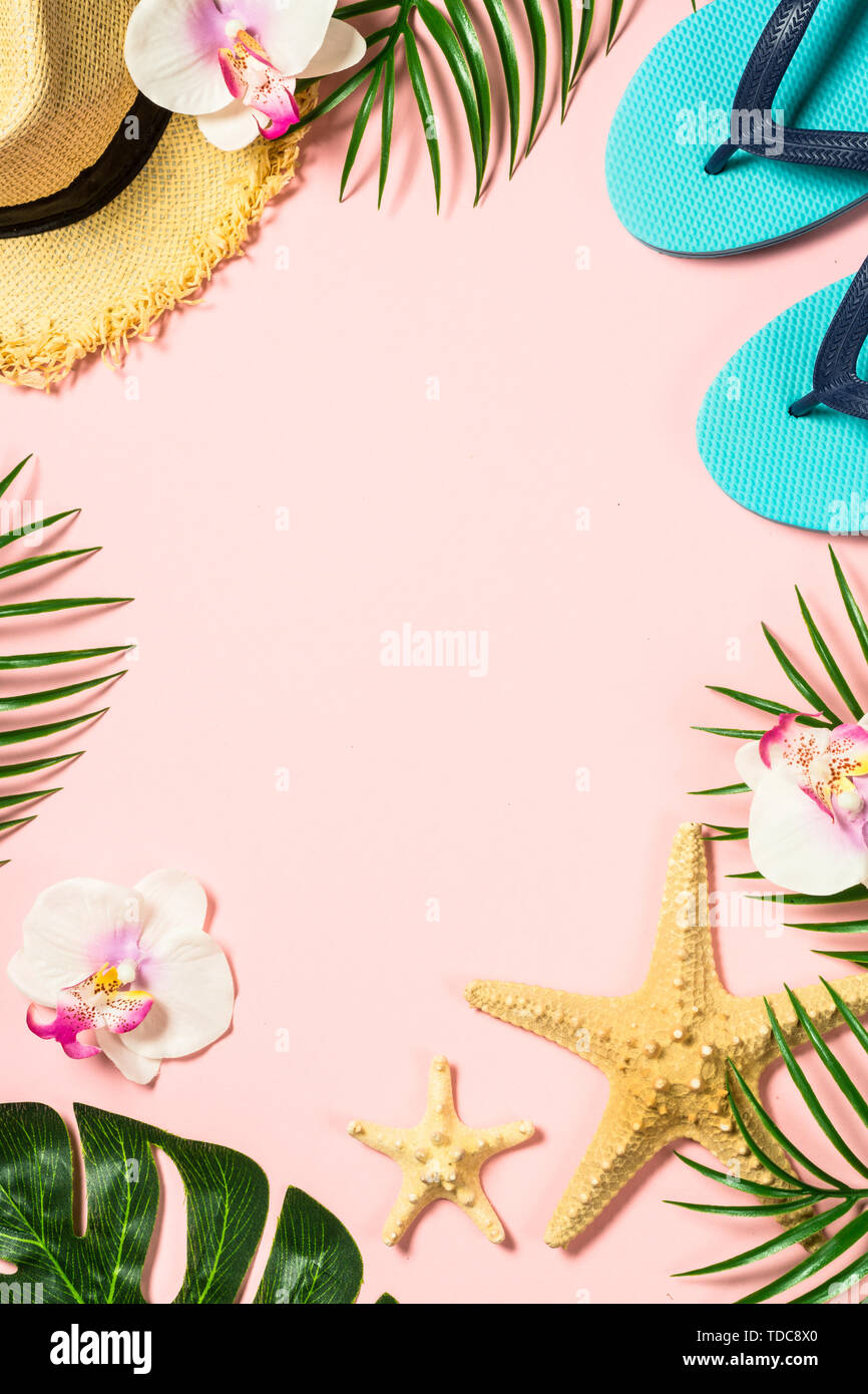 Summer flat lay background. on pink Stock Photo - Alamy
