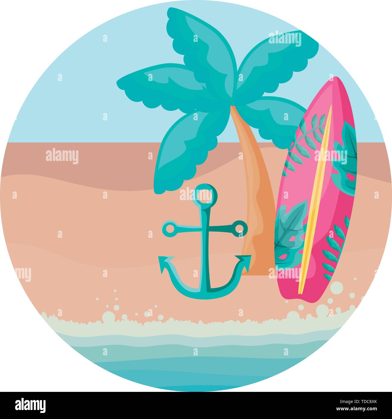 surfboard with tropical palm and anchor in beach vector illustration ...