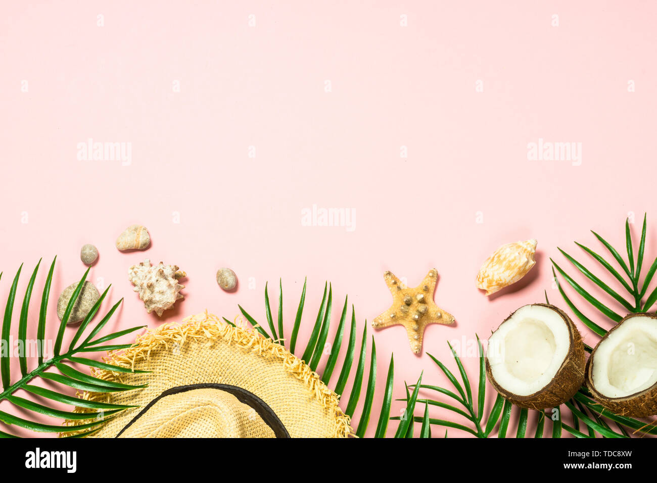 Summer flat lay background. on pink Stock Photo - Alamy