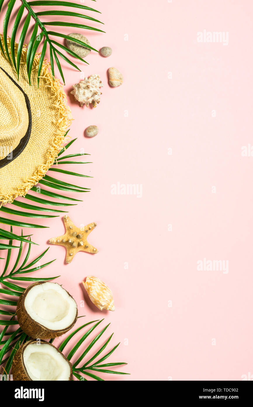 Summer flat lay background. on pink Stock Photo - Alamy