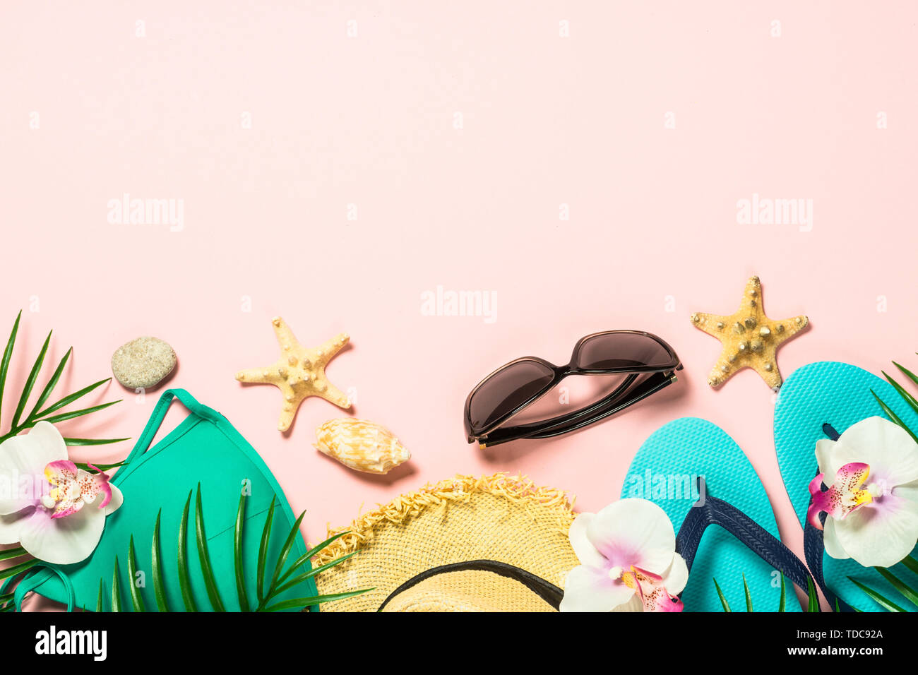 Summer flat lay background. on pink Stock Photo - Alamy