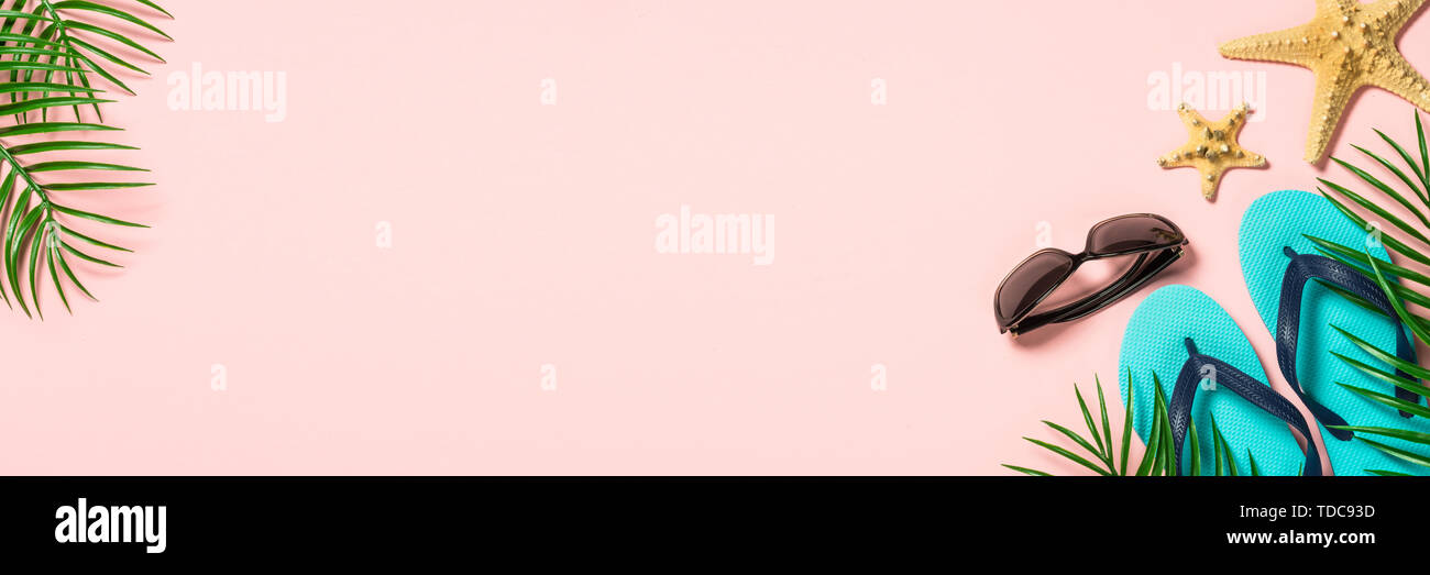 Summer flat lay background. on pink Stock Photo - Alamy