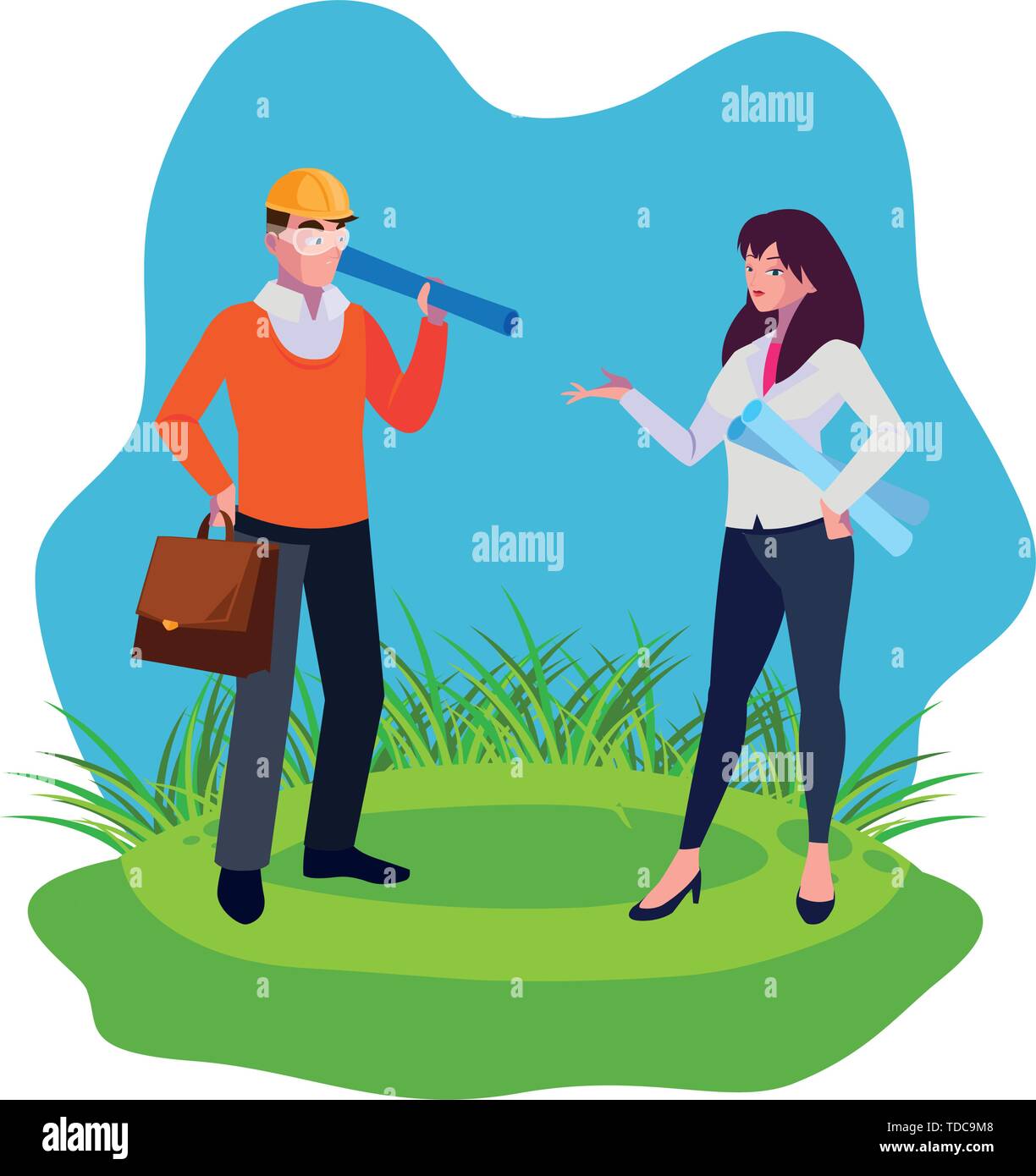 female engineer worker with architect on the lawn vector illustration design Stock Vector