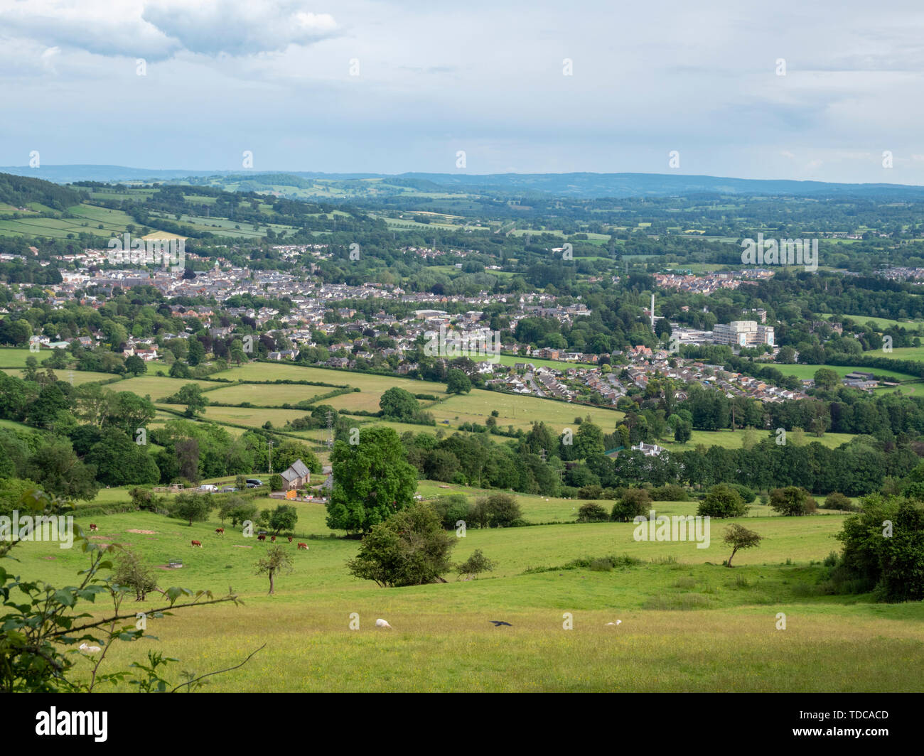 A view of the market town of Abergavenny from the surrounding hills in the Brecon Beacons National Park Wales UK Stock Photo